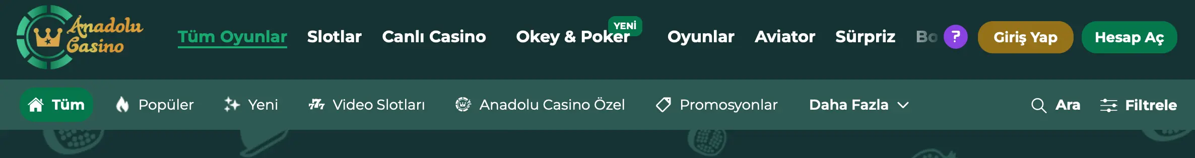 Anadolu Casino Header Menu ekran görüntüsü