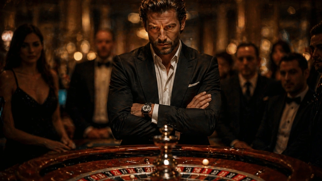 Casino rulet masasını kollarını kavuşturmuş dikkatle gözlemleyen adam, arka planda diğer oyuncular