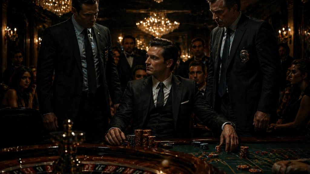 casino rulet masasında sakin bir adam ve yaklaşan iki polis memuru, masada casino fişleri