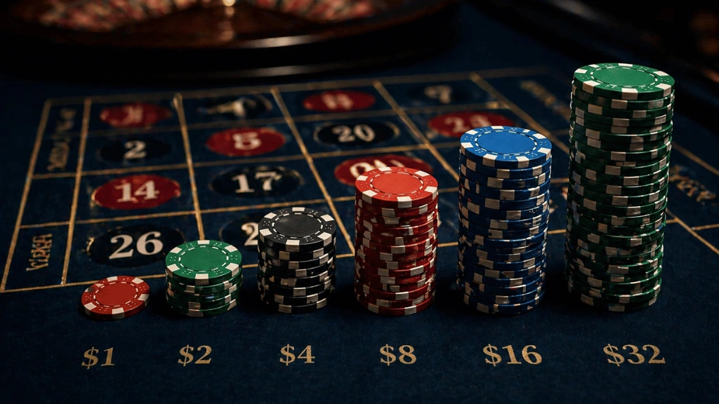 Martingale stratejisinde her turda ikiye katlanan casino fişleri