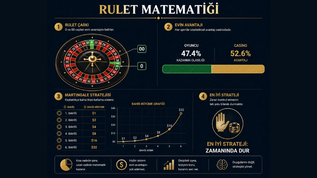 Rulet kazanma olasılıkları, casino avantajı ve Martingale stratejisini gösteren infografik