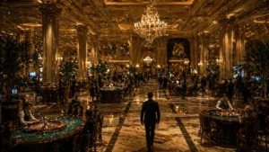 Gece devasa bir casinoda rulet masaları ve oyuncular
