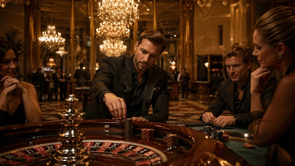 Casino'da rulet masasında sakin bir şekilde bahis oynayan takım elbiseli adam