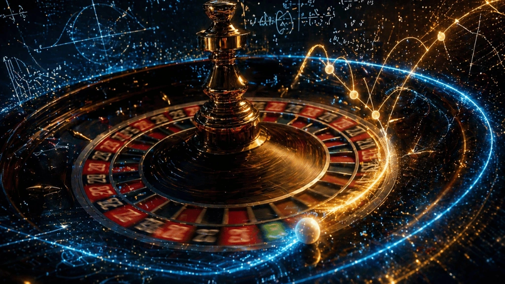 Rulet çarkı üzerinde topun düşeceği bölgeyi gösteren fizik yörünge çizgileri ve matematiksel formüller